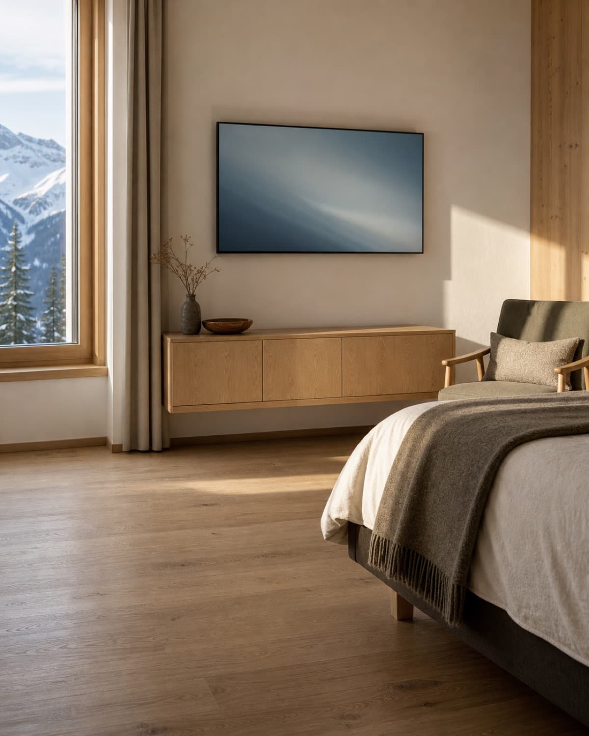 Camera d’albergo con televisore sopra un comò di rovere e luce serale alla finestra.